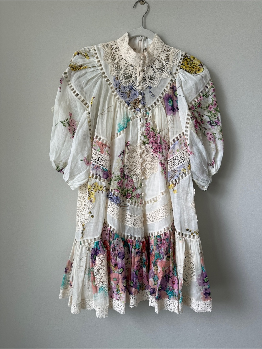 Zimmermann Cream Floral Crochet Lace Top with Embroidered Detail